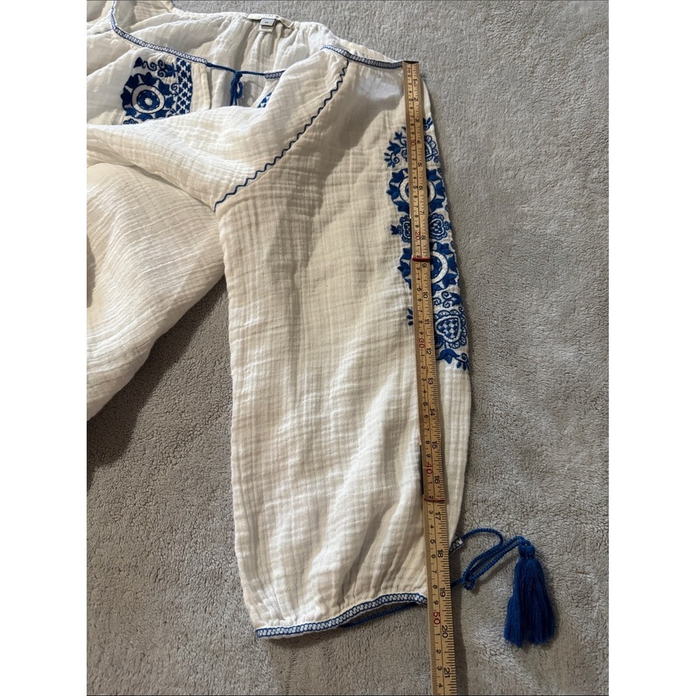 J.Crew M 100% Cotton White Blue Embroidered Gauze Peasant Blouse Tassel - Picture 7 of 7